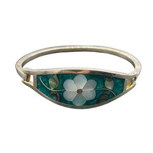 Alpaca Mexico Baby Kids Mother of Pearl Abalone Shell Inlay Flower Bracelet Gold